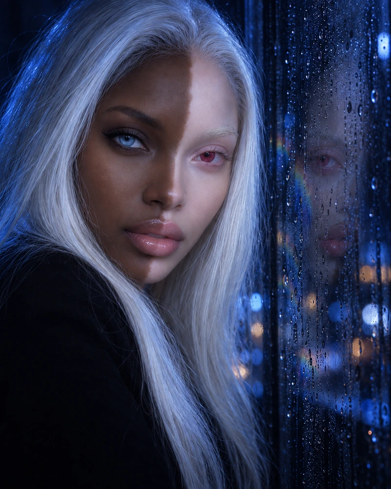 Eva Delonne beside a rain-streaked reflection for Tear Me in Half