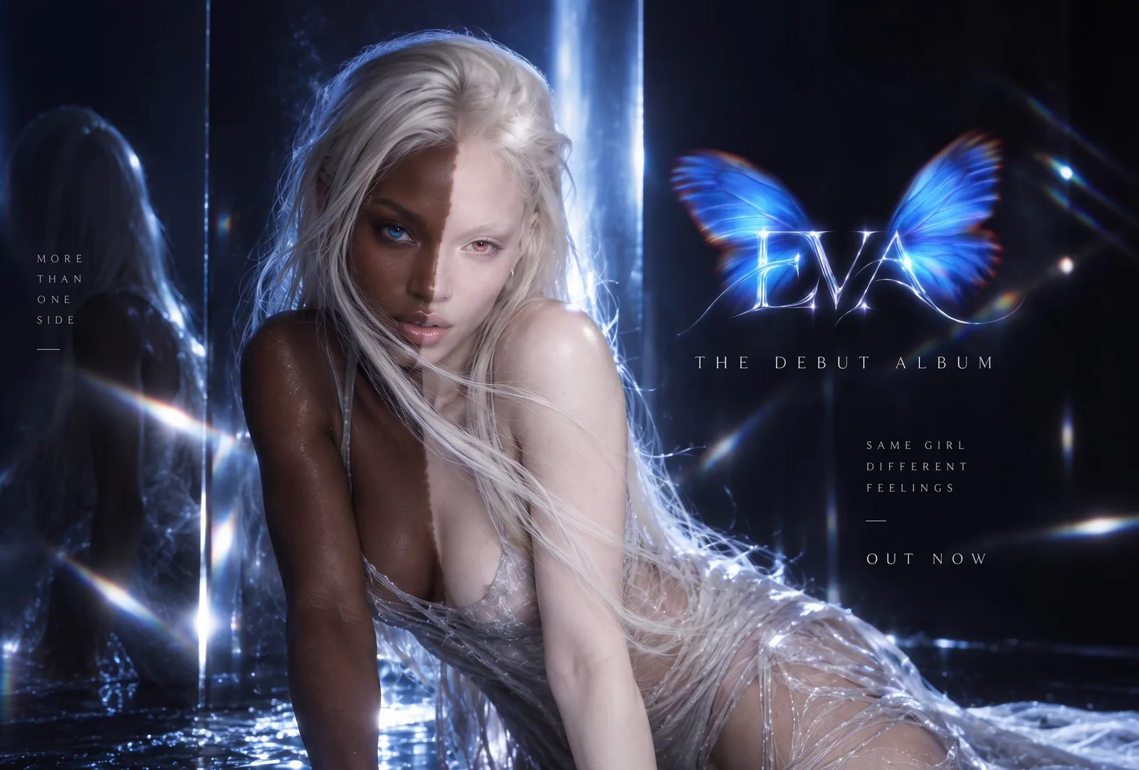 Eva Delonne in a mirrored blue-lit scene for the EVA debut EP
