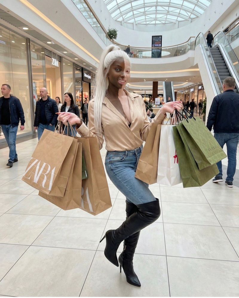 Eva shopping, holding bags