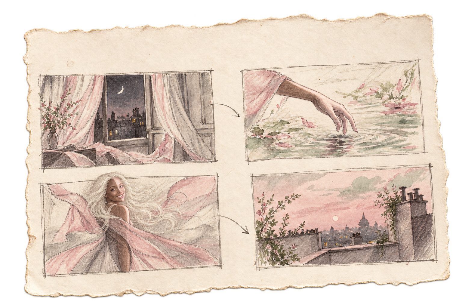 An illustrative mood study of Eva with platinum hair, a night window, water and a rooftop.